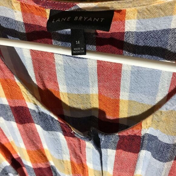 LANE BRYANT checked linen blend Short Sleeve DRESS Sz 14 button front pockets - Picture 4 of 5